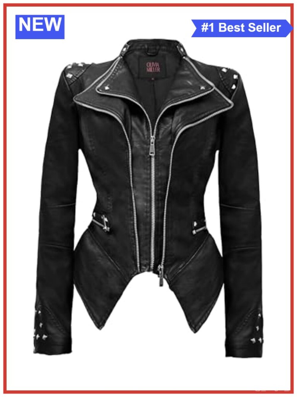 Faux Leather Moto Biker Jacket Rivet Lapel Swallow Tail Hem